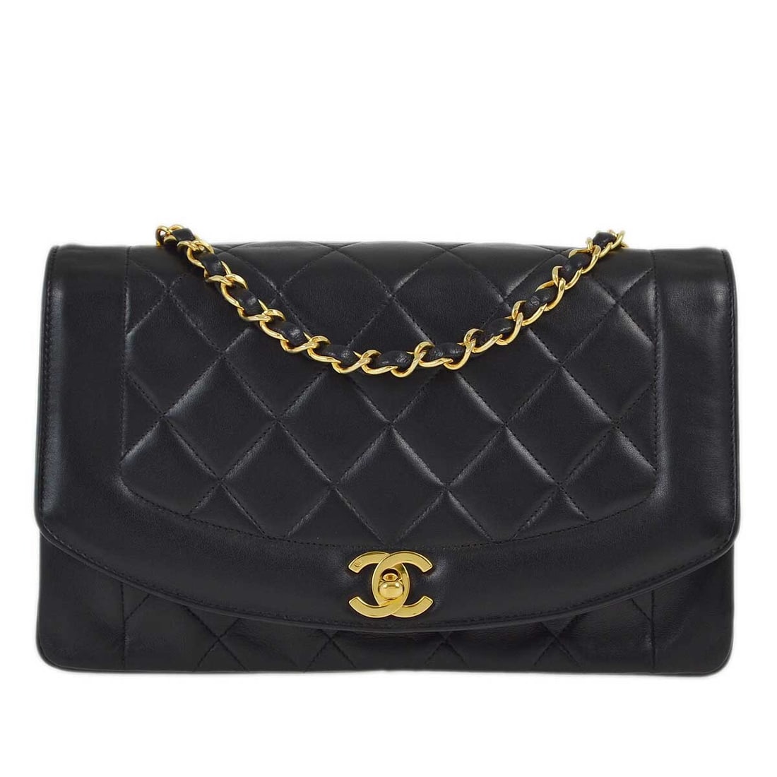Chanel Black Lambskin Diana Medium Shoulder Bag with Chain Strap: Chanel Black Lambskin Diana Medium Shoulder Bag with Chain Strap Elevate your style with this Chanel Black Lambskin Medium Diana Shoulder Bag. Crafted from luxurious lambskin leather, this stylish sho