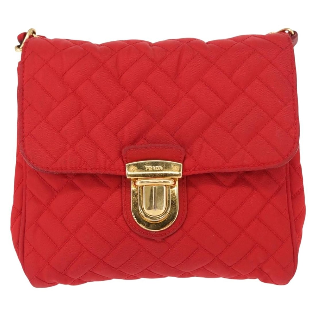 Red Prada Tessuto Quilted Nylon Shoulder Bag with Pushlock and Chain Strap: Red Prada Tessuto Quilted Nylon Shoulder Bag with Pushlock and Chain Strap This Prada Pushlock Chain Flap Bag features a quilted Tessuto nylon exterior in red, designed for women. The bag is equipped