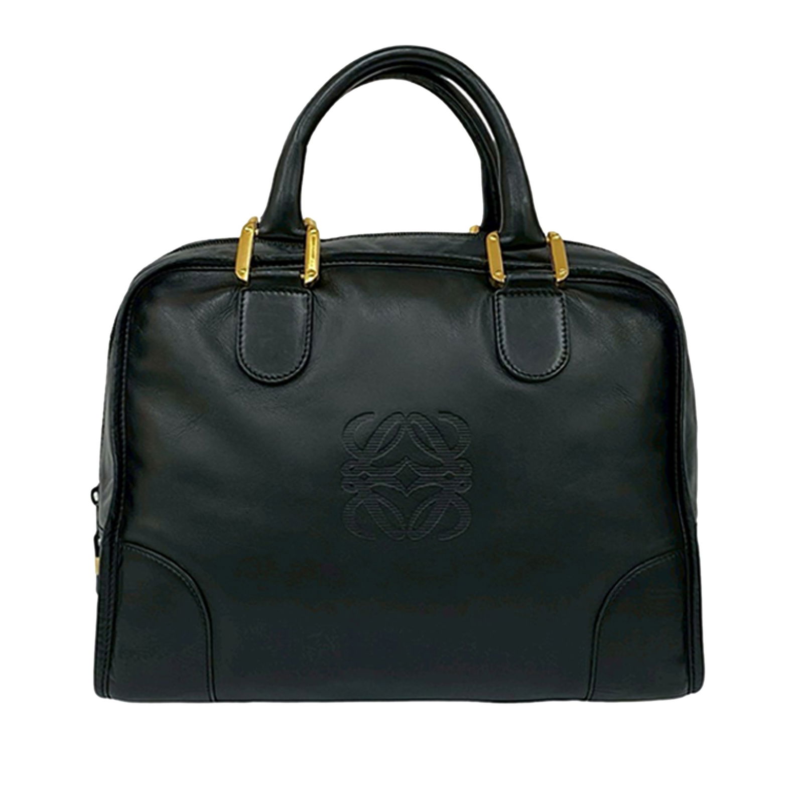 LOEWE Amazona 32 Black Leather Top Handle Bag: LOEWE Amazona 32 Black Leather Top Handle Bag The LOEWE Amazona 32 is crafted from black leather and features rolled leather handles, a top zip closure, and interior zip and slip pockets. This bag sho
