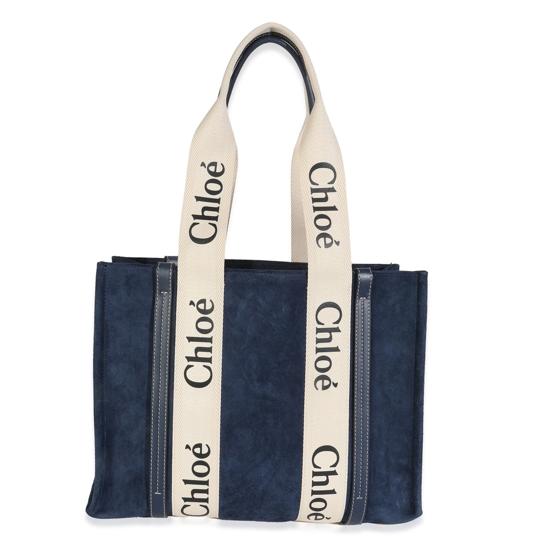 Chloe Medium Woody Ribbon Tote Navy Suede Italy 13.5x11x4.5: Chloe Medium Woody Ribbon Tote Navy Suede Italy 13.5x11x4.5 This Chloe Medium Woody Ribbon Tote is a stylish and practical accessory crafted from luxurious navy suede calfskin. The tote features a spa