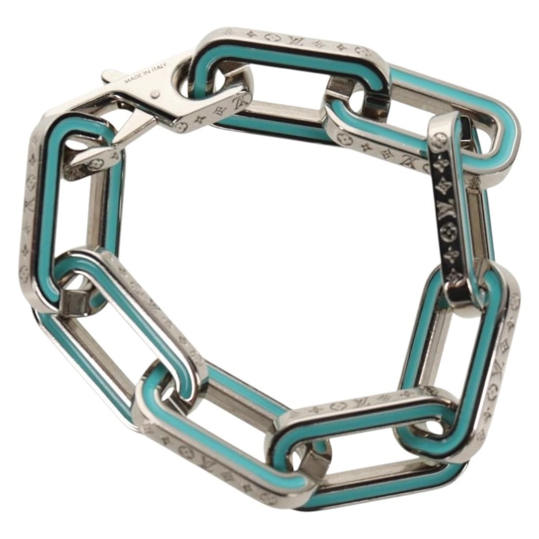 Monogram Links Silver Tone Bracelet by Louis Vuitton Model M80195 with Box: Monogram Links Silver Tone Bracelet by Louis Vuitton Model M80195 with Box This Louis Vuitton Monogram Links Bracelet features a silver tone metal construction and showcases the brand's signature styl