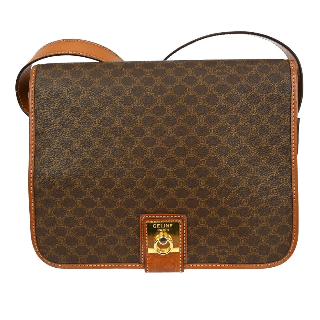 Celine Macadam Brown PVC Medium Shoulder Bag with Logo Accent: Celine Macadam Brown PVC Medium Shoulder Bag with Logo Accent This Celine Macadam shoulder bag features a brown PVC exterior with leather accents and the iconic logo design. The medium-sized bag comes