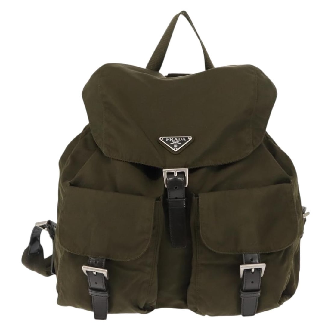 Prada Nylon Backpack with Dual Front Pockets Khaki 30x30x15cm: Prada Nylon Backpack with Dual Front Pockets Khaki 30x30x15cm This unisex Prada Double Front Pocket Backpack is crafted from durable khaki nylon, featuring two front pockets for organized storage. The