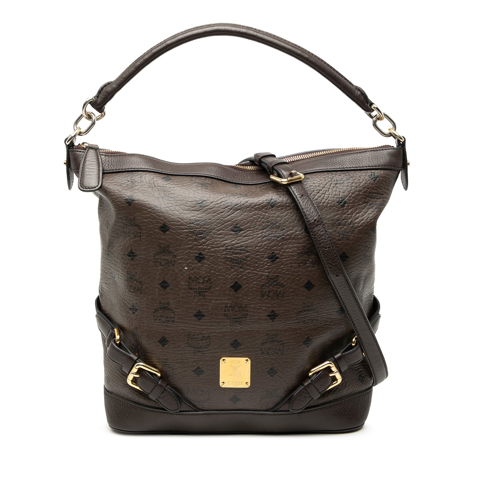 Visetos Brown Coated Canvas Satchel Bag by MCM with Leather Accents: Visetos Brown Coated Canvas Satchel Bag by MCM with Leather Accents This satchel from MCM's Visetos collection features a durable coated canvas body with leather accents, a flat leather handle, and a