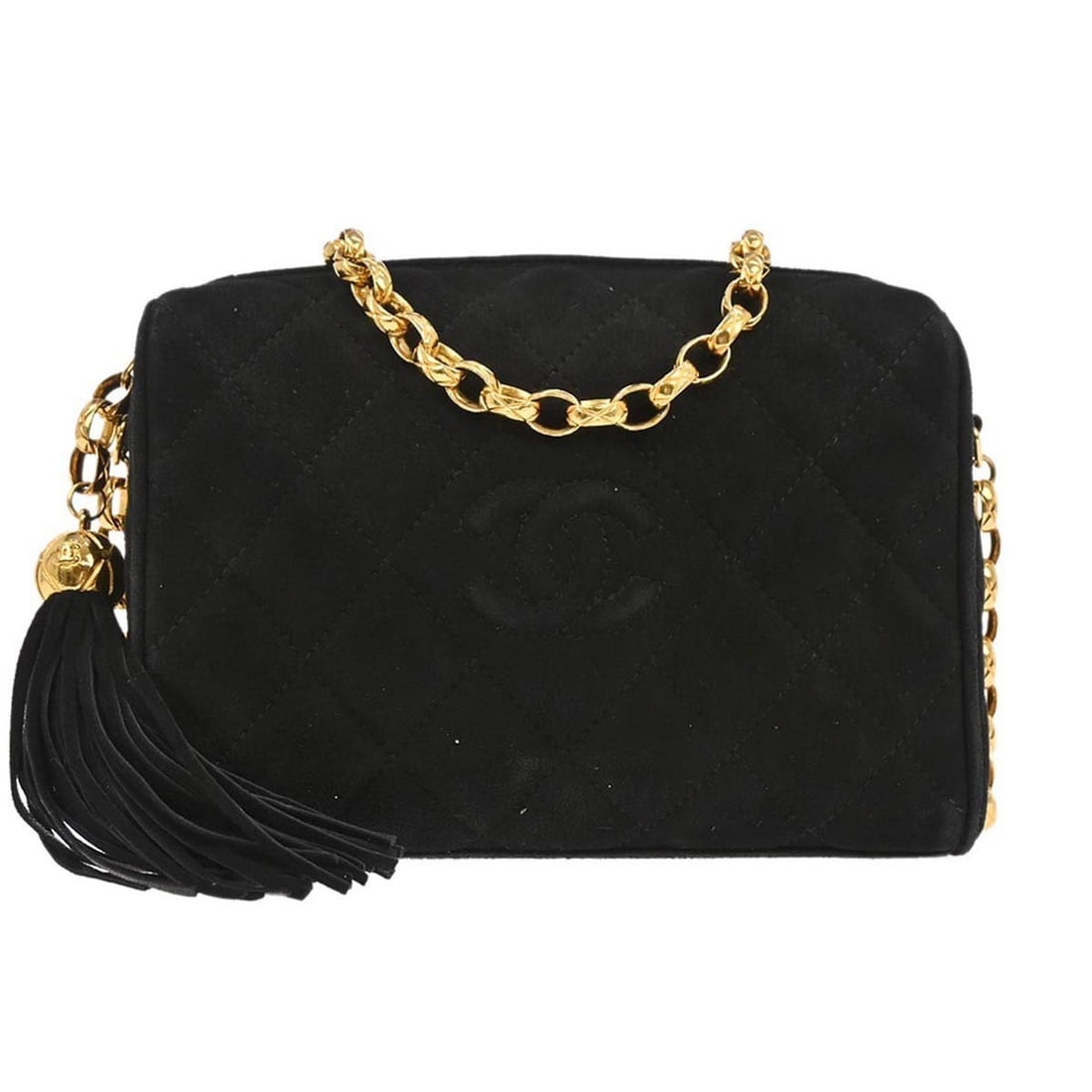 Chanel Mini Suede Camera Crossbody Bag with Fringe and Chain Strap: Chanel Mini Suede Camera Crossbody Bag with Fringe and Chain Strap This Chanel Camera Bag Mini features a black suede exterior with fringe accents and a crossbody chain strap. The bag includes a zip c