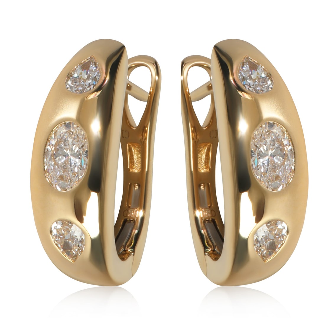 Hoop Earrings in 14K Yellow Gold with 1.18ctw Lab-Grown Diamonds: Hoop Earrings in 14K Yellow Gold with 1.18ctw Lab-Grown Diamonds These pre-owned hoop earrings feature a total of 1.18 carats of mixed-shape lab-grown diamonds set in 14K yellow gold. Designed in a cl
