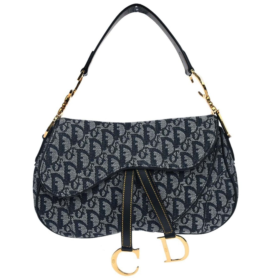 Dior Saddle Bag Trotter Canvas Leather Medium Navy Double Handle Shoulder: Dior Saddle Bag Trotter Canvas Leather Medium Navy Double Handle Shoulder This Christian Dior Navy Trotter Double Saddle Handbag features a classic saddle bag silhouette crafted from canvas and leathe