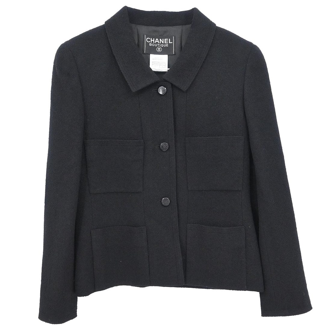 Black Collared Single Breasted Wool Jacket Chanel 98A Size 36: Black Collared Single Breasted Wool Jacket Chanel 98A Size 36 This Chanel single-breasted jacket features a classic collared design in black, crafted from a blend of wool, nylon, and spandex for a com