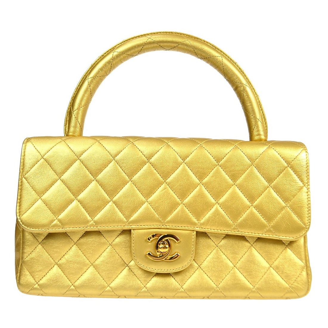 Chanel Gold Lambskin Classic Flap Top Handle Satchel Handbag: Chanel Gold Lambskin Classic Flap Top Handle Satchel Handbag This exquisite Chanel Classic Flap Top Handle Handbag is crafted from luxurious gold lambskin leather, making it a stunning accessory for a