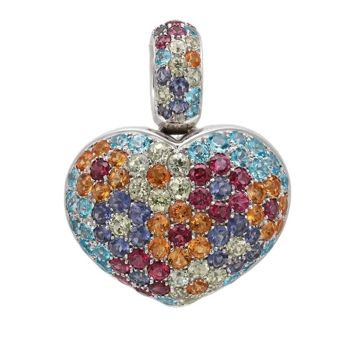 18K White Gold Heart Pendant With Multicolor Gemstones Floral Design: 18K White Gold Heart Pendant With Multicolor Gemstones Floral Design This Pasquale Bruni pendant features a heart-shaped dome design with a floral motif, expertly crafted in 18K white gold. Adorned wi