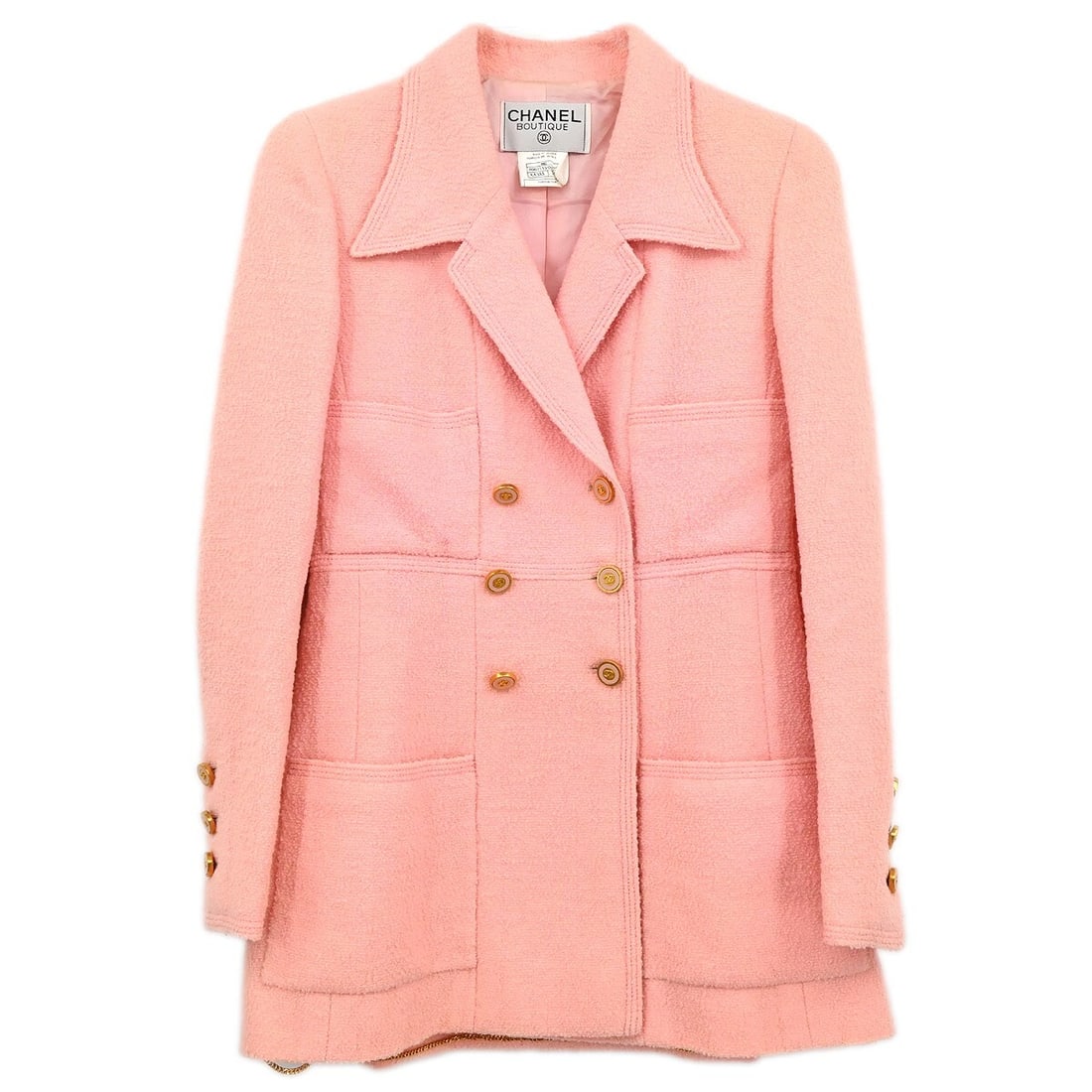 Chanel Vintage Pink Double Breasted Jacket 96C #38: Chanel Vintage Pink Double Breasted Jacket 96C #38 This vintage Chanel double-breasted jacket showcases a beautiful pink hue, perfect for both casual and formal occasions. Crafted from a blend of 95%