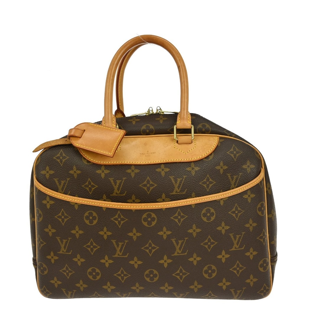 Deauville Bowling Monogram Canvas Vanity Handbag by Louis Vuitton: Deauville Bowling Monogram Canvas Vanity Handbag by Louis Vuitton This Louis Vuitton Deauville Bowling handbag features the iconic Monogram canvas leather exterior with beige double handles and a zip
