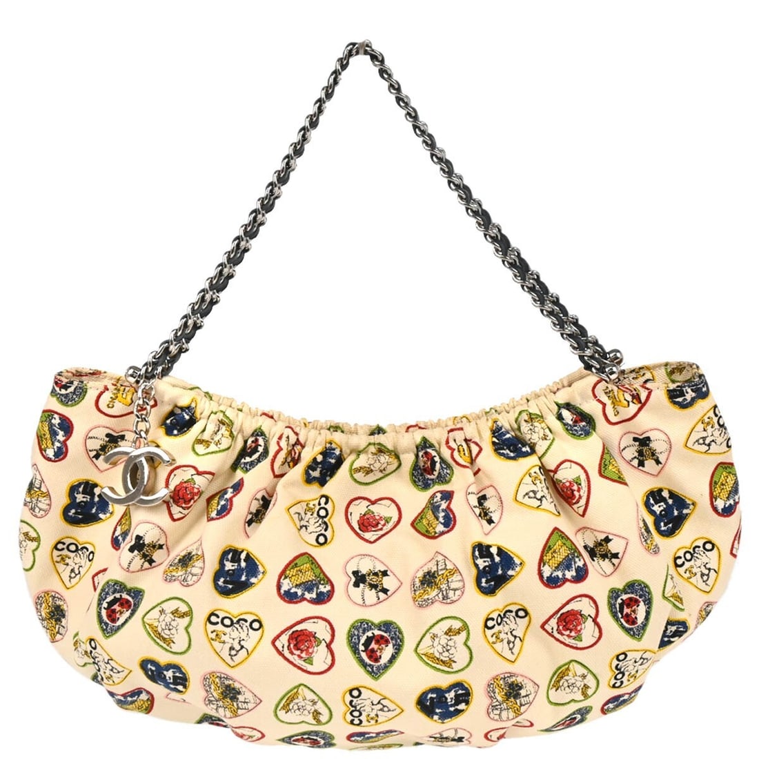 Chanel White Canvas Valentine Top Handle Chain Bag: Chanel White Canvas Valentine Top Handle Chain Bag Introducing the Chanel White Canvas Valentine Chain Handbag, a stylish accessory perfect for casual occasions. This small top handle bag features a c