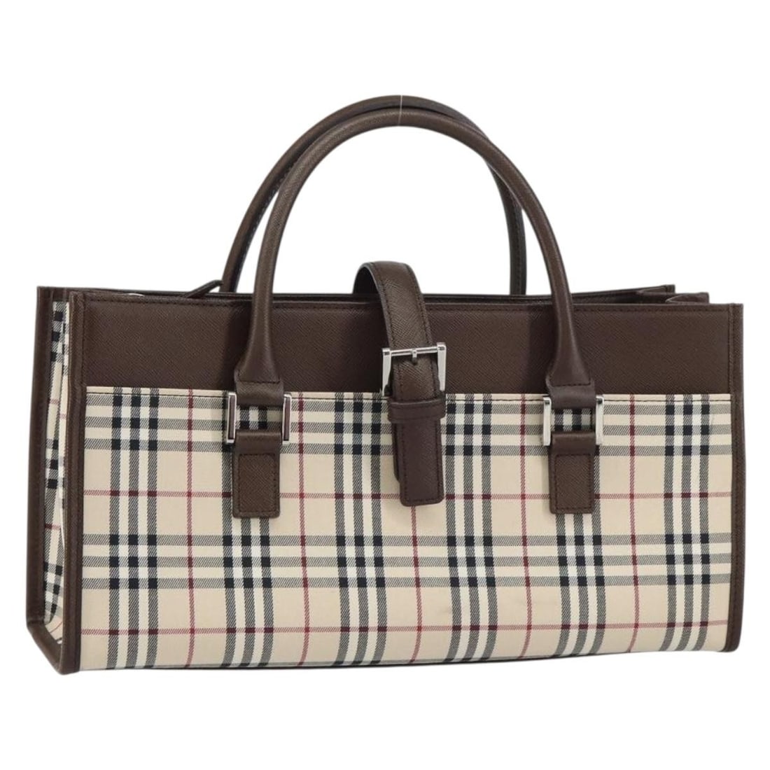 Burberry Nova Check Beige Canvas Handbag with Silver Accents: Burberry Nova Check Beige Canvas Handbag with Silver Accents This Burberry Nova Check handbag features a classic beige and silver canvas exterior with a structured silhouette. The bag has a top handle