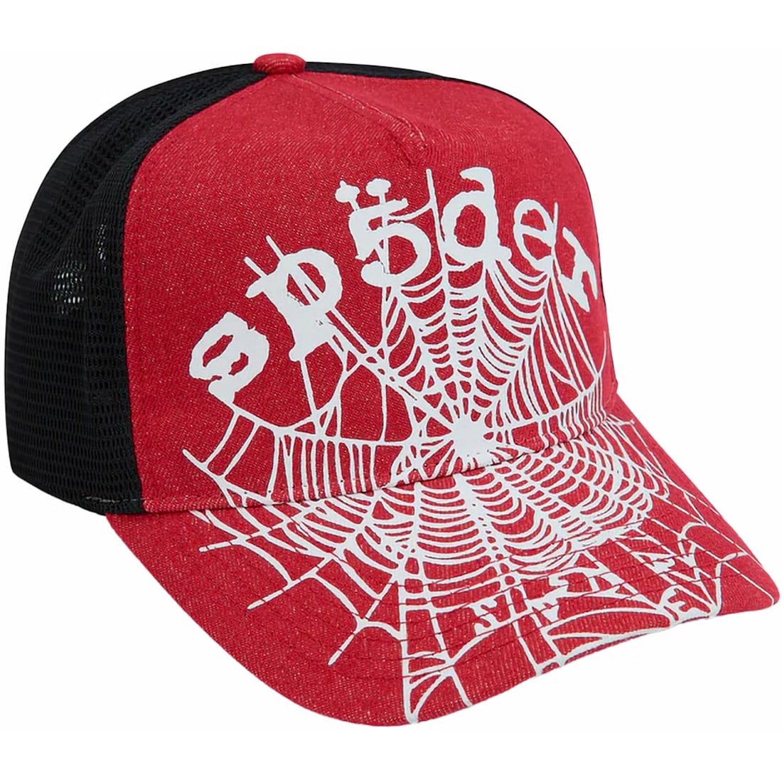 OG Web V2 Red Black Trucker Jacket by Sp5der Denim: OG Web V2 Red Black Trucker Jacket by Sp5der Denim The Sp5der Denim OG Web V2 Red/Black Trucker is an un-used trucker hat featuring a distinctive red and black web design. This item is in unworn condi