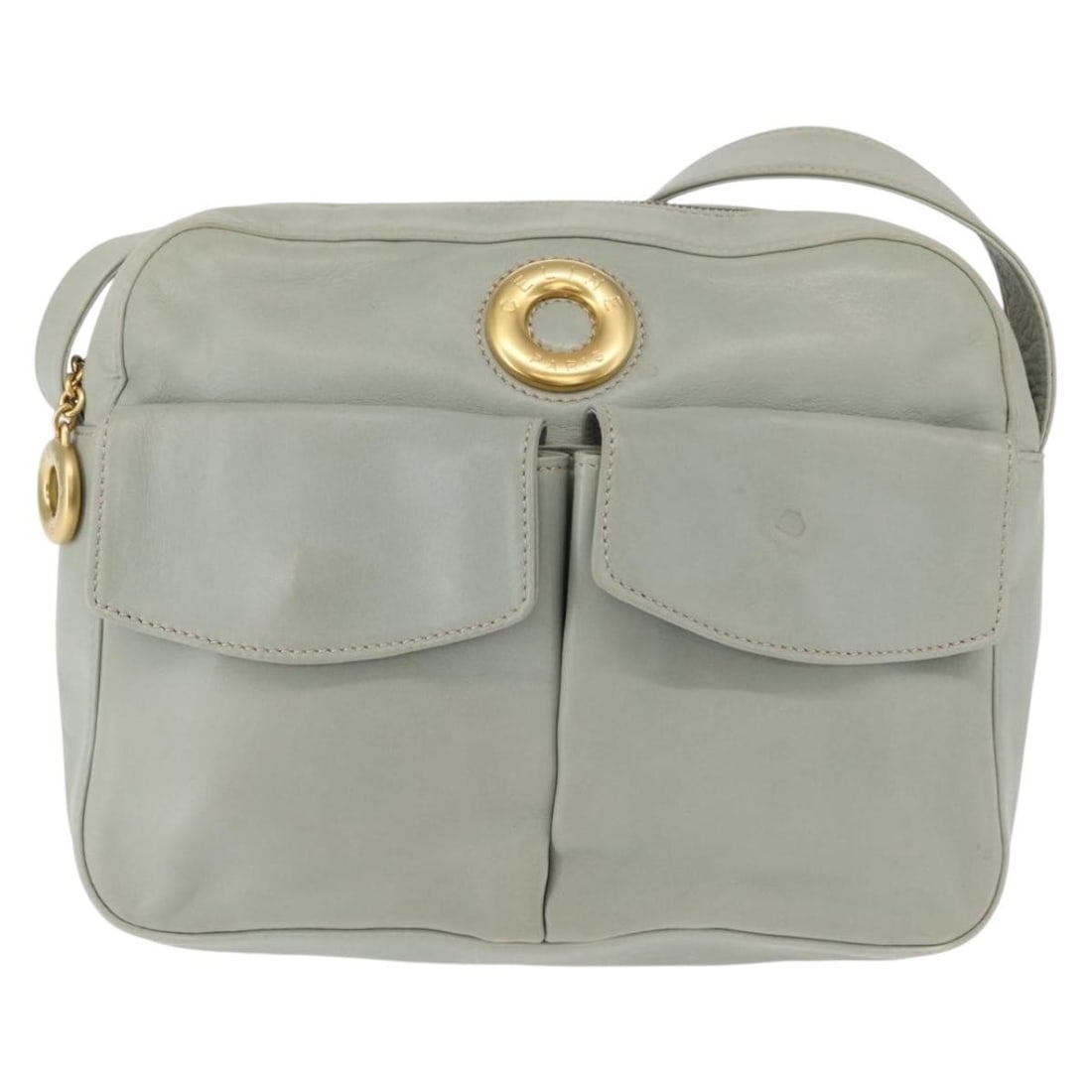 Green Leather Shoulder Bag by Celine Circle Logo 25cm by 20cm: Green Leather Shoulder Bag by Celine Circle Logo 25cm by 20cm This green leather shoulder bag from Celine features the Circle logo design. Crafted in Italy for women, the bag shows signs of wear inclu
