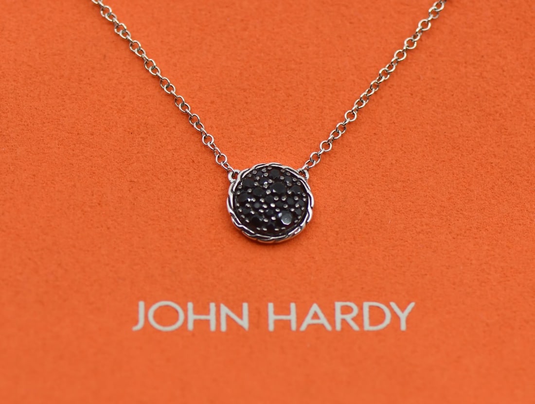 Bamboo Style Sterling Silver Necklace with Black Sapphire by John Hardy: Bamboo Style Sterling Silver Necklace with Black Sapphire by John Hardy This John Hardy Bamboo necklace features black sapphire accents set in sterling silver. The chain-style necklace measures 18 inc