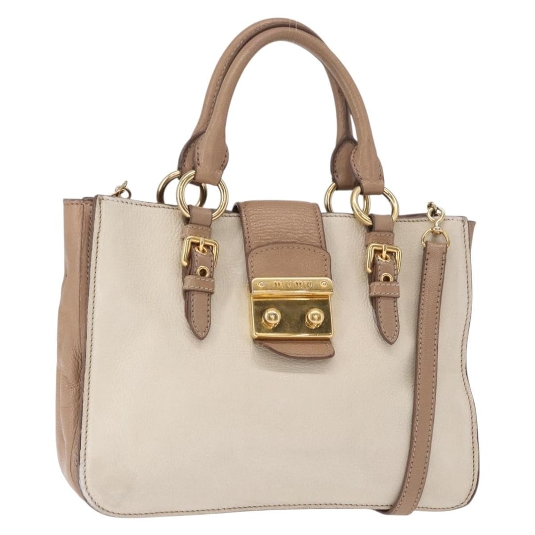 Miu Miu Beige Leather Madras Convertible Tote Bag: Miu Miu Beige Leather Madras Convertible Tote Bag This Miu Miu Madras Convertible Lock Tote is crafted from beige leather and designed for women. It features a convertible lock closure and metal fitti