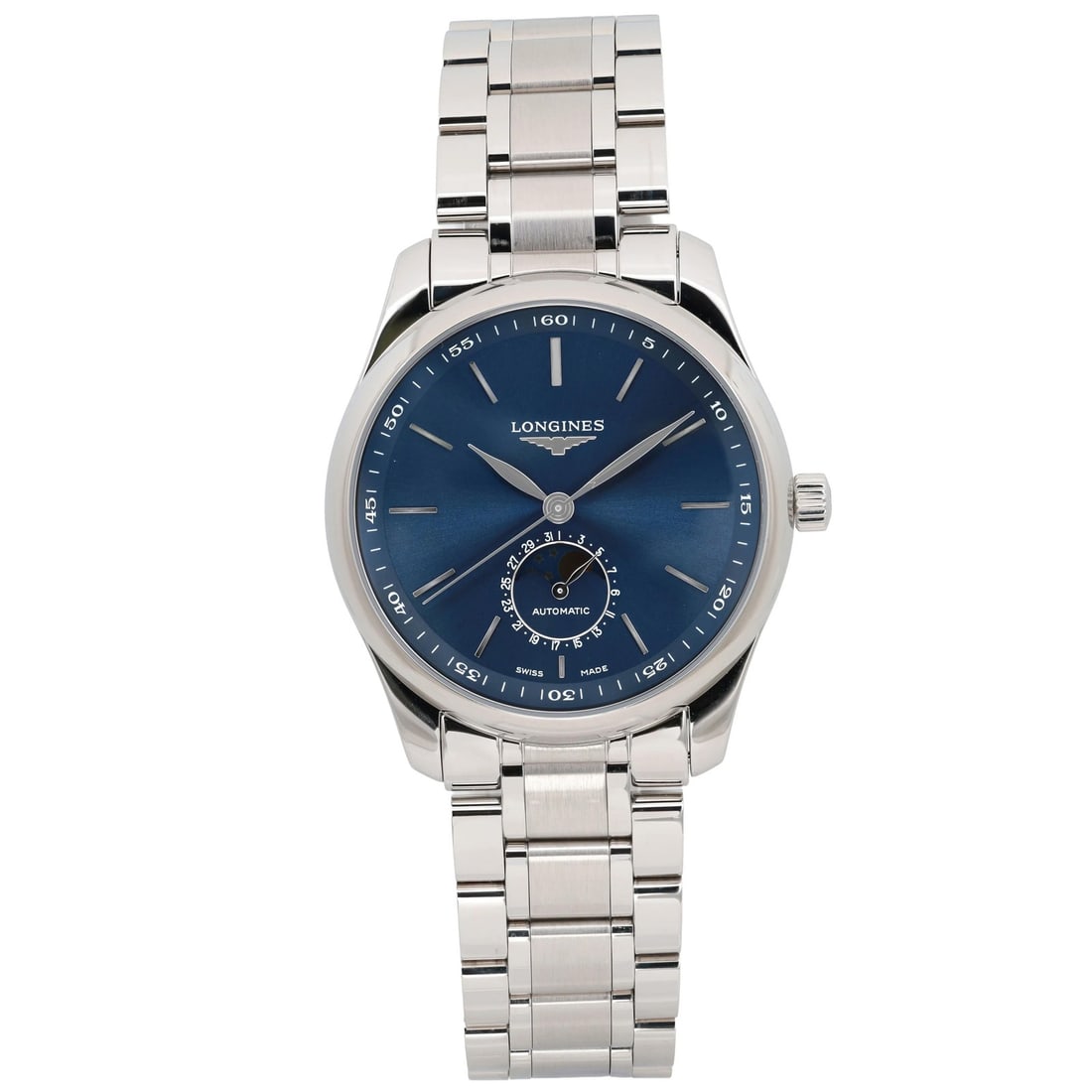 Master Collection 40mm Blue Sunburst Dial Moonphase Automatic Wristwatch by Longines: Master Collection 40mm Blue Sunburst Dial Moonphase Automatic Wristwatch by Longines This Longines Master Collection Moonphase wristwatch features a 40mm polished stainless steel case with a blue sunb
