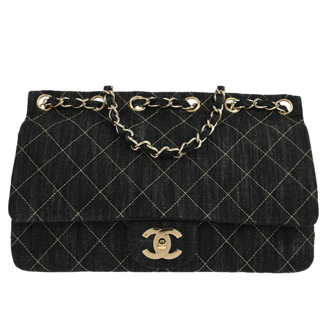 Indigo Matelasse Denim Medium Shoulder Bag with Chain Strap by Chanel: Indigo Matelasse Denim Medium Shoulder Bag with Chain Strap by Chanel This Chanel Indigo Denim Shoulder Bag features a classic matelasse pattern and a medium-sized silhouette. The bag is crafted from