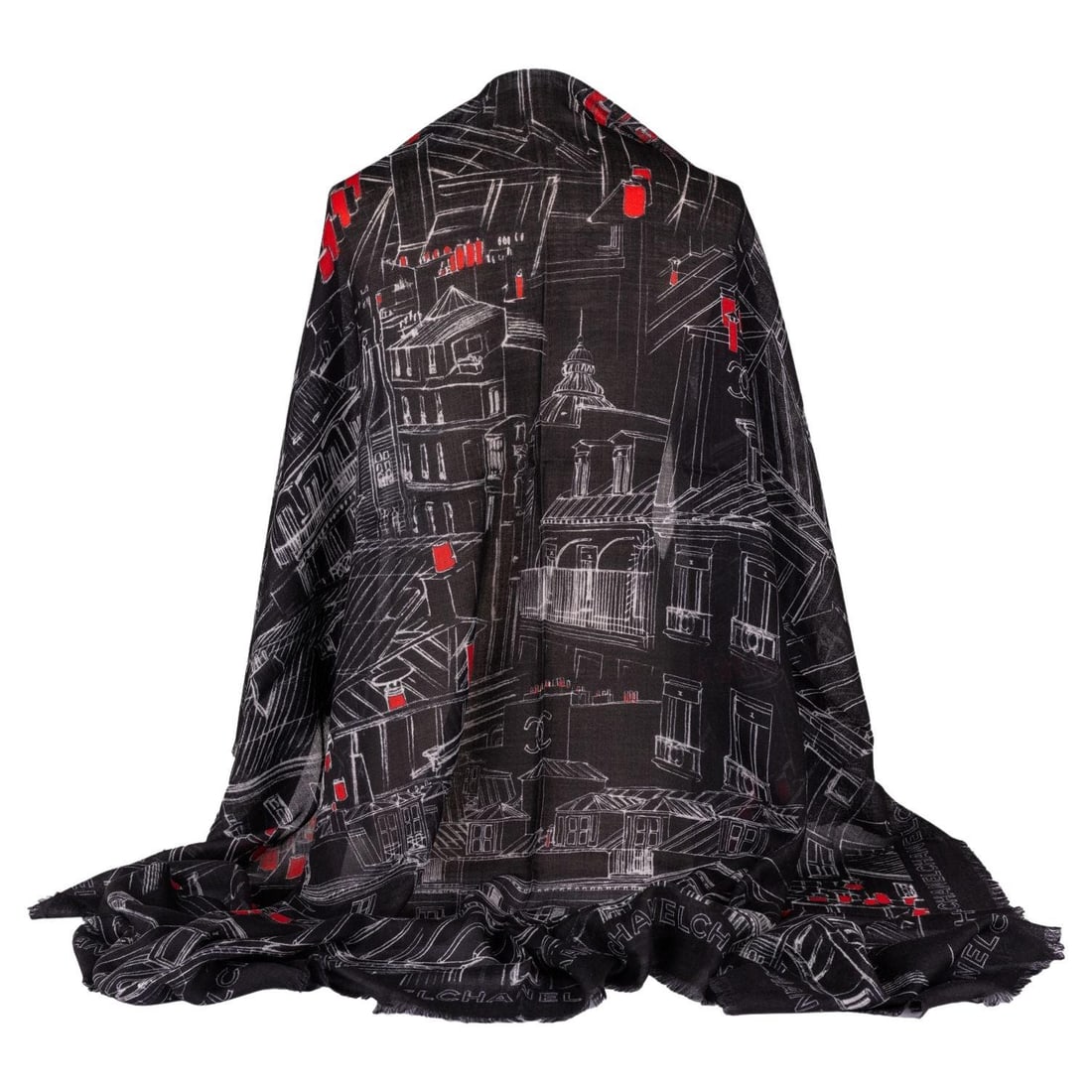 Chanel Cashmere Shawl Black Paris Print Italian Design: Chanel Cashmere Shawl Black Paris Print Italian Design This stunning Chanel Cashmere Shawl features a chic black design adorned with a captivating print of Paris, elegantly framed with iconic Chanel w