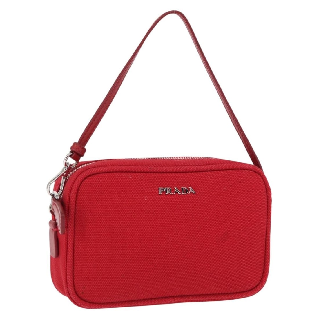 Red Canvas PRADA Accessory Pouch with Silver Accents Made in Italy: Red Canvas PRADA Accessory Pouch with Silver Accents Made in Italy This is a PRADA accessory pouch crafted from red and silver canvas. The pouch is made in Italy and features a compact design, making
