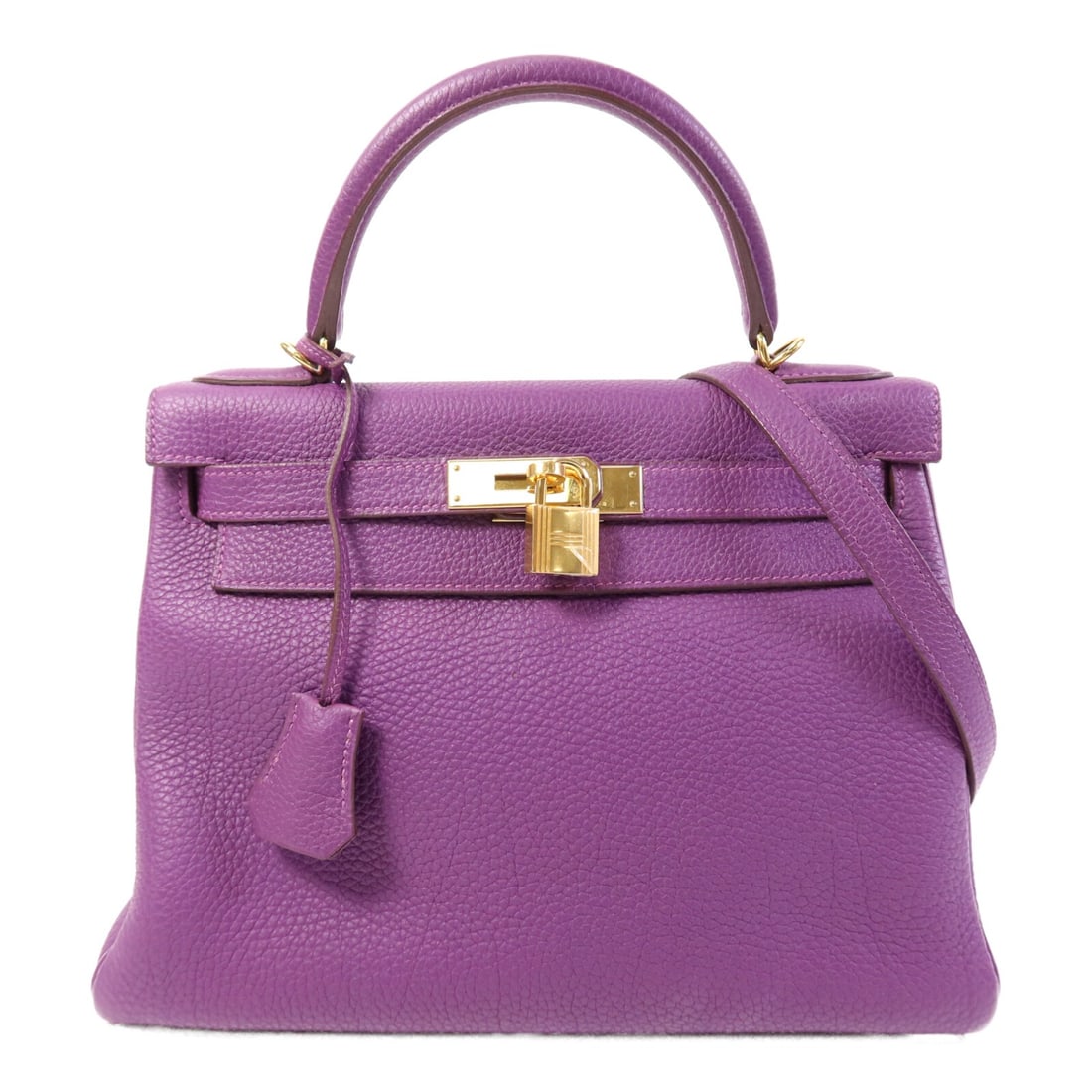 Kelly 28 Purple Togo Leather Shoulder Bag with Gold Hardware by Hermes: Kelly 28 Purple Togo Leather Shoulder Bag with Gold Hardware by Hermes This Hermes Kelly 28 is a versatile two-way shoulder bag crafted from Togo leather in a rich anemone purple. The bag features gol