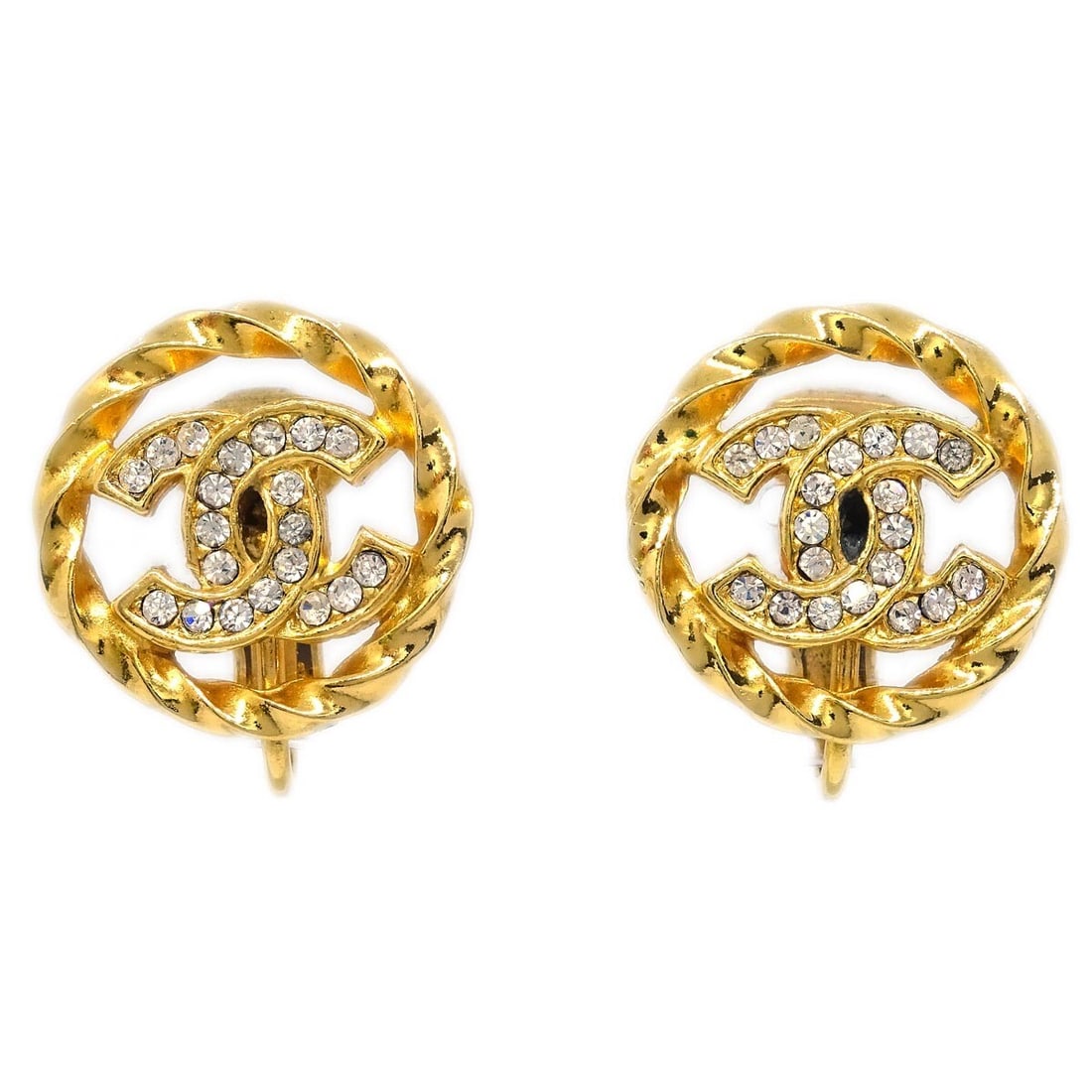 Chanel Gold-Plated Clip-On Button Earrings with Rhinestones: Chanel Gold-Plated Clip-On Button Earrings with Rhinestones Enhance your jewelry collection with these elegant Chanel Gold Button Earrings. These clip-on earrings feature a timeless round shape adorne