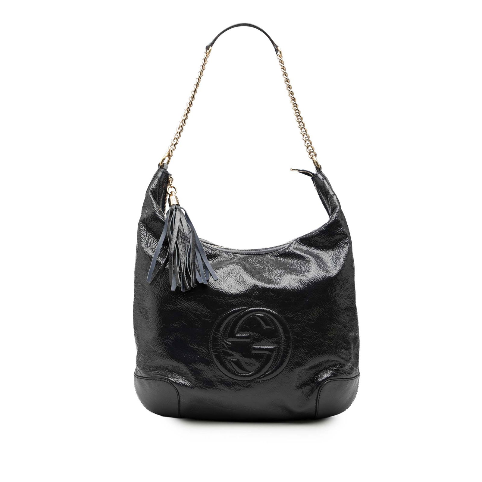 Blue Patent Leather Soho Chain Shoulder Bag by Gucci: Blue Patent Leather Soho Chain Shoulder Bag by Gucci This Gucci Patent Soho Shoulder Bag features a blue patent leather body with a chain link strap and leather guard. The bag is designed with a top z