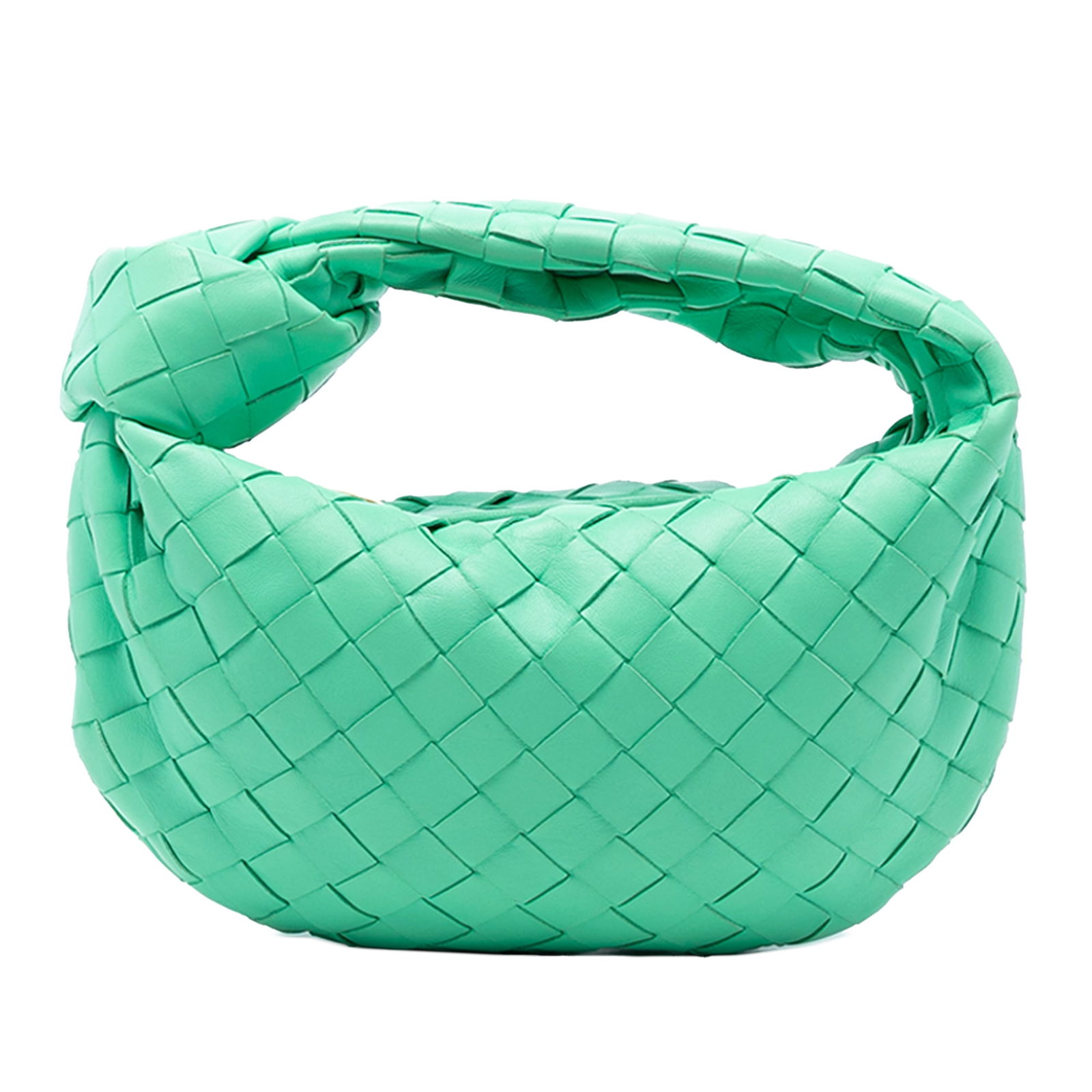 Green Mini Jodie Woven Leather Handbag by Bottega Veneta: Green Mini Jodie Woven Leather Handbag by Bottega Veneta The Mini Nappa Intrecciato Jodie by Bottega Veneta features a woven nappa leather body in green, complemented by a woven and knotted handle and