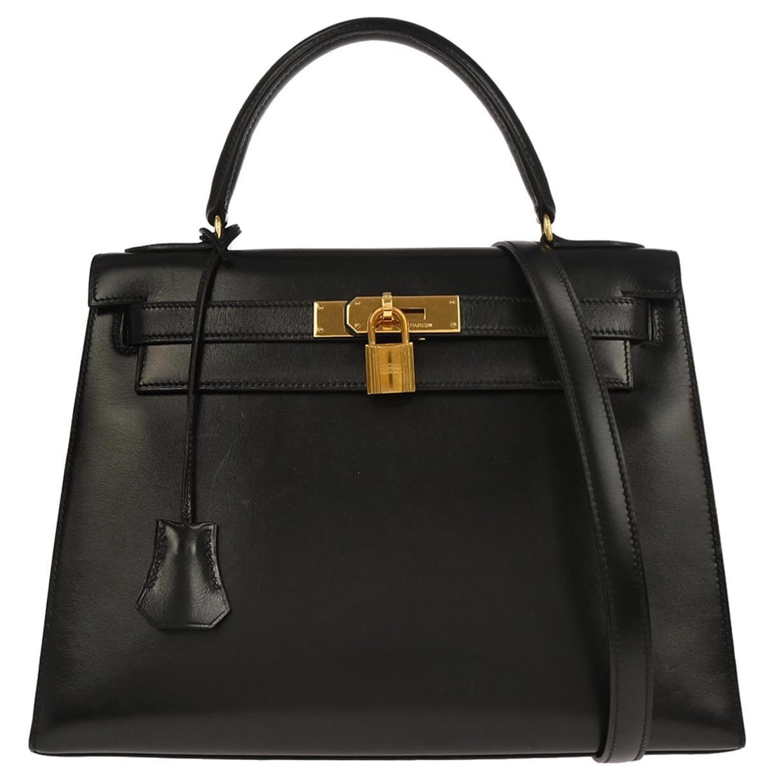 Black Box Calf Leather Kelly Bag 29cm by Hermes with Gold Hardware: Black Box Calf Leather Kelly Bag 29cm by Hermes with Gold Hardware This Hermes Kelly Handbag features black box calf leather with gold hardware accents. Designed for women, it showcases a classic silh