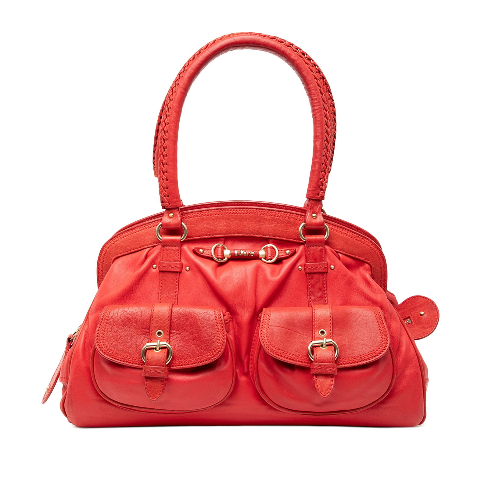 Dior My Dior Large Red Leather Frame Tote with Front Flap Pockets: Dior My Dior Large Red Leather Frame Tote with Front Flap Pockets This Dior Large Calfskin My Dior Frame Handbag features a red leather body with rolled leather handles, a top zip closure, exterior fr