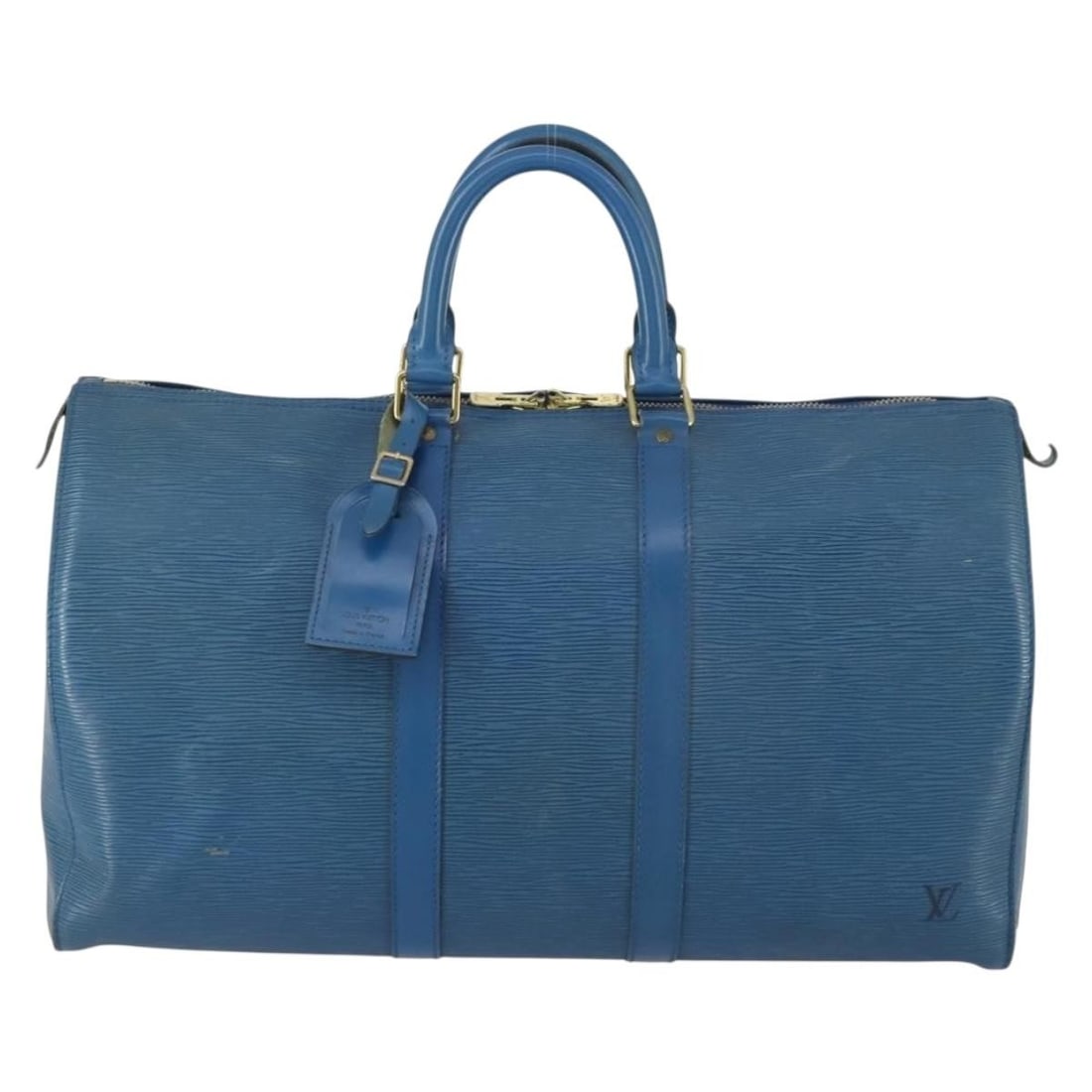 Blue Epi Leather Keepall Travel Bag by Louis Vuitton: Blue Epi Leather Keepall Travel Bag by Louis Vuitton This Louis Vuitton Keepall bag is crafted from blue Epi leather and designed for unisex use. The bag features a spacious interior, sturdy handles,