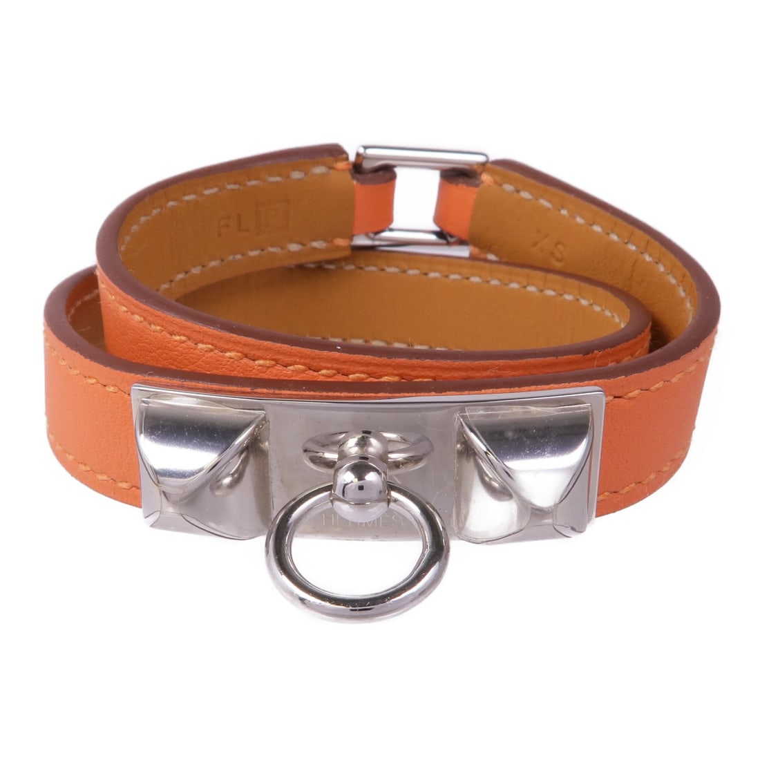 HERMES Rivale Double Tour Leather Bracelet Orange Made in France: HERMES Rivale Double Tour Leather Bracelet Orange Made in France This HERMES Rivale Double Tour Bracelet is crafted from high-quality leather in a vibrant orange color. Designed for regular sizing, th