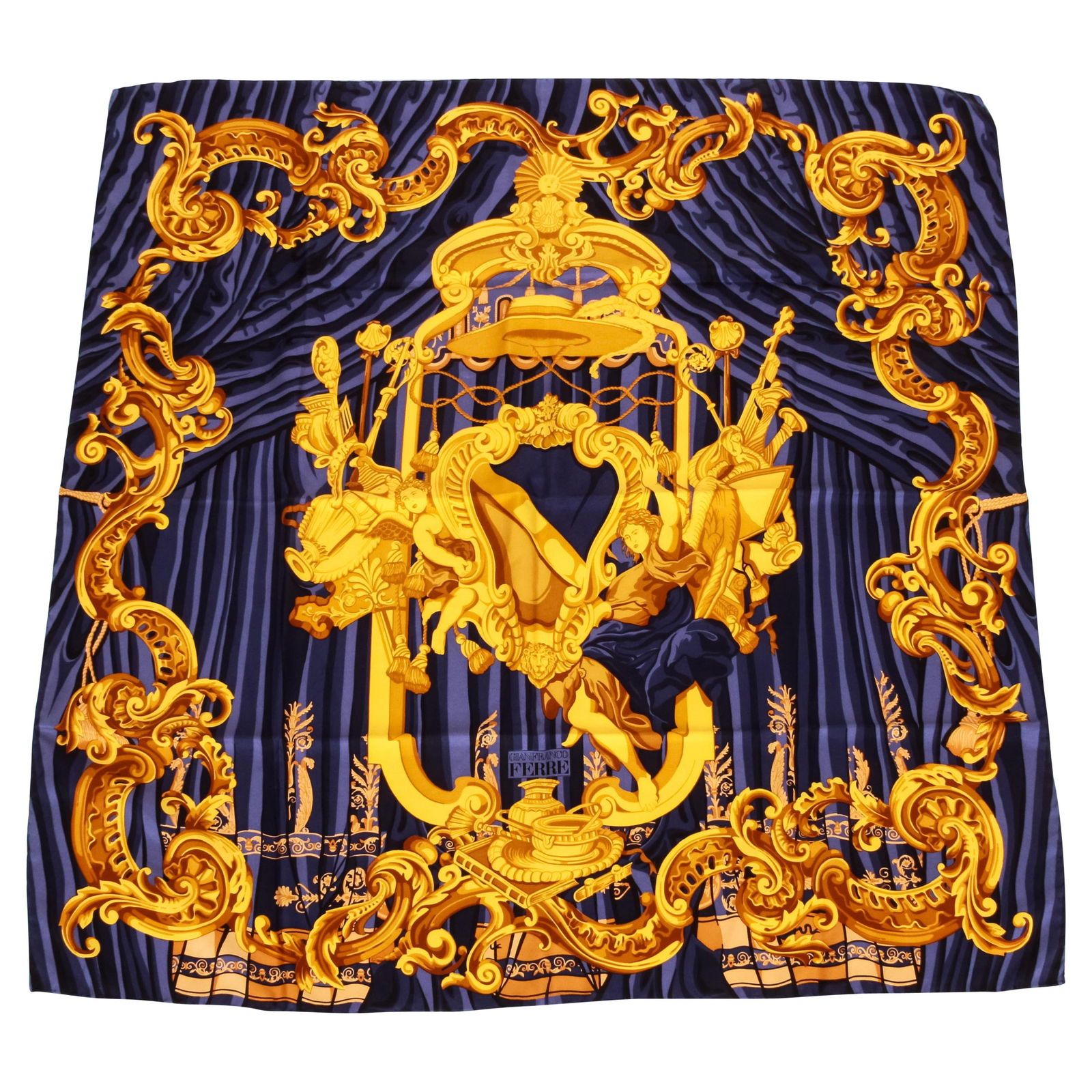 Gianfranco Ferre 90s Silk Scarf Blue Gold Baroque Design: Gianfranco Ferre 90s Silk Scarf Blue Gold Baroque Design Elevate your accessory collection with this rare Gian Franco Ferre' 90s silk scarf. Featuring a stunning baroque design in rich gold and blue,