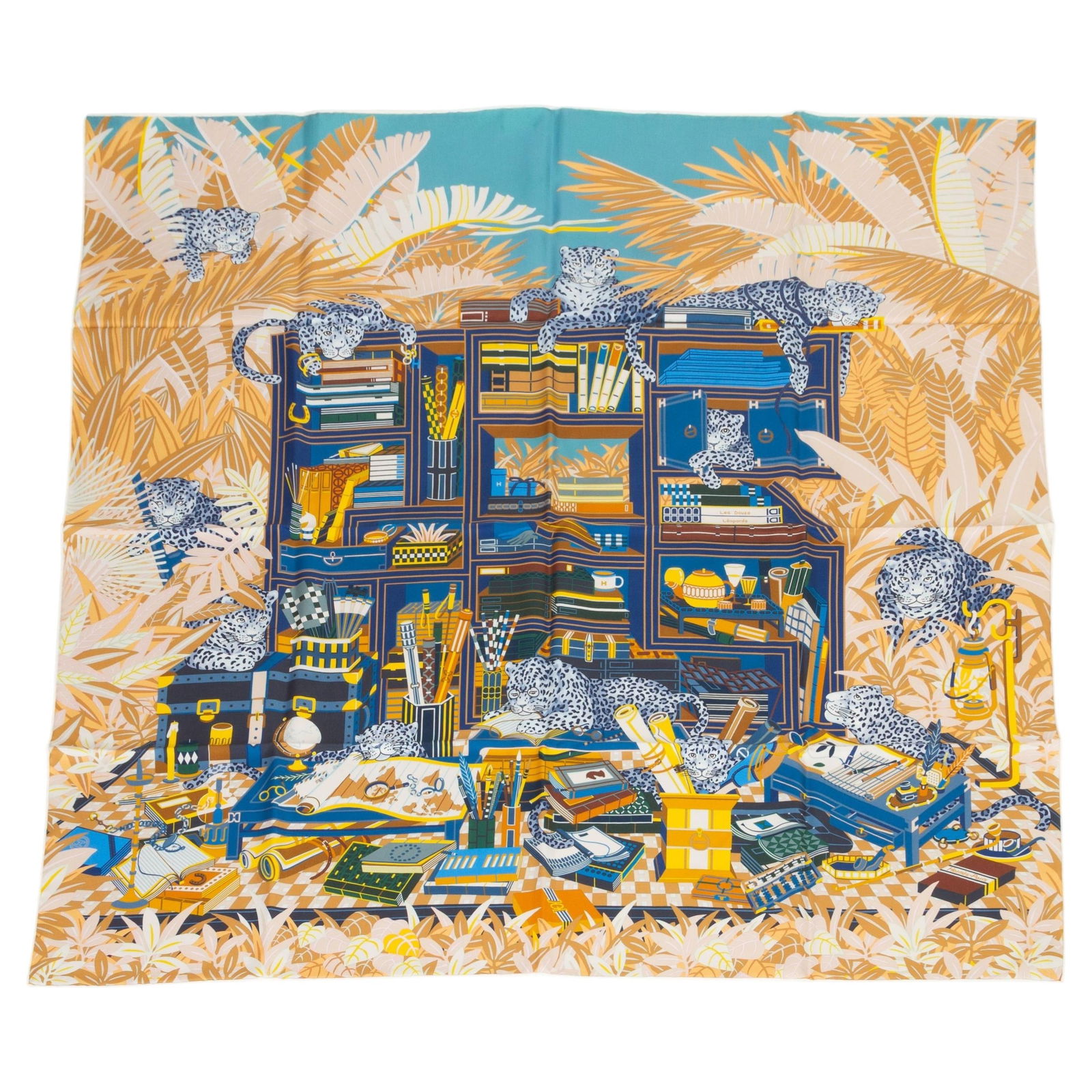 Les Douze Leopards Silk Scarf Double Sided Design by Hermes: Les Douze Leopards Silk Scarf Double Sided Design by Hermes The Hermes "Les Douze Leopards" is a luxurious double face silk scarf featuring a detailed design with twelve hidden cheetahs. This reversib