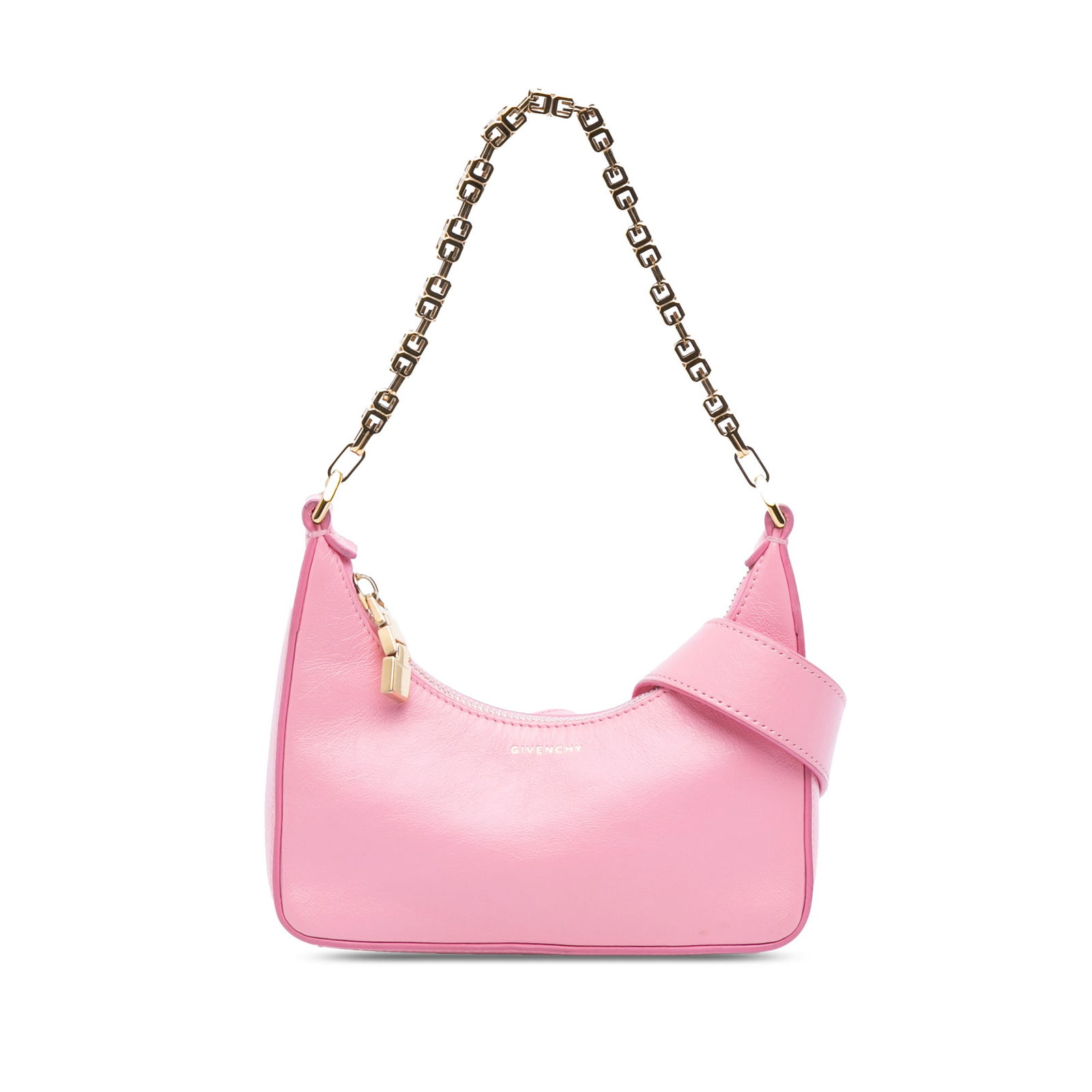 Givenchy Mini Moon Pink Leather Satchel with Chain Strap: Givenchy Mini Moon Pink Leather Satchel with Chain Strap This Givenchy Mini Leather Moon Cut Out Bag features a pink leather body with an adjustable flat leather handle, a silver-tone chain strap, and