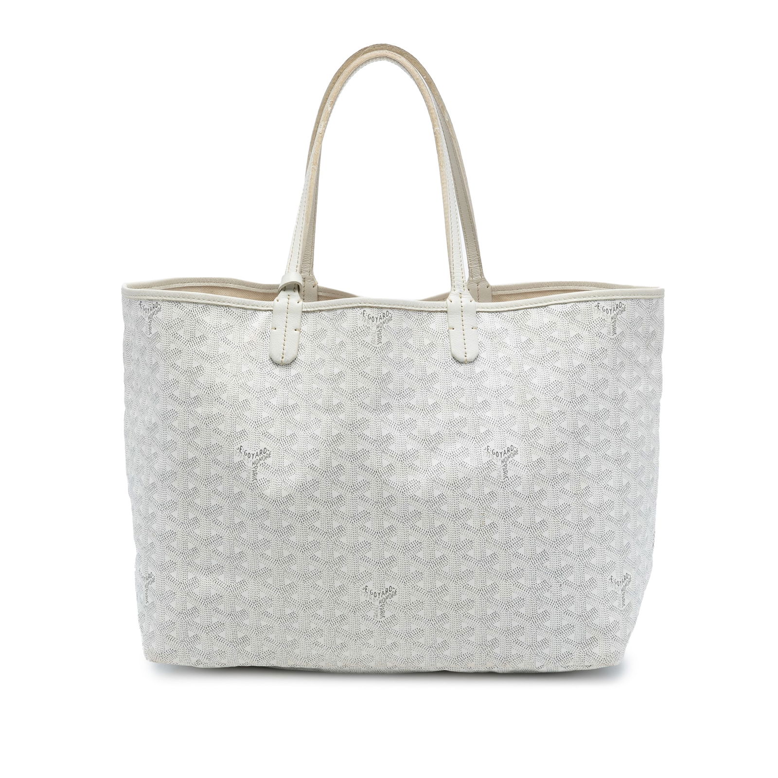 Goyard Saint Louis PM White Tote with Pouch and Leather Trim: Goyard Saint Louis PM White Tote with Pouch and Leather Trim This Goyardine Saint Louis PM bag features a coated canvas body with leather trim, flat leather straps, an open top, and includes a pouch.