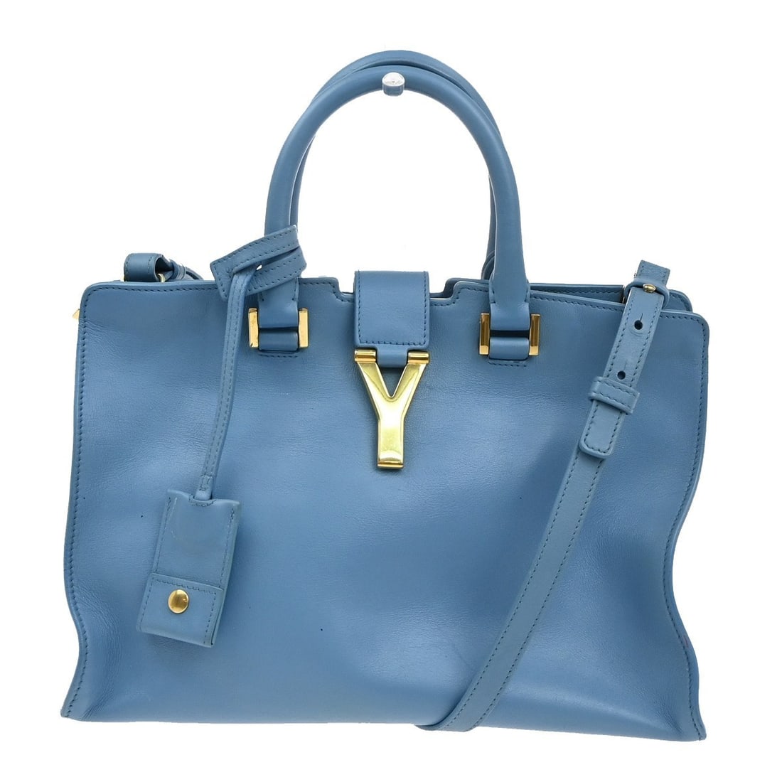 Blue Leather Saint Laurent Classic Y Cabas Bag 30cm by 20cm by 14cm: Blue Leather Saint Laurent Classic Y Cabas Bag 30cm by 20cm by 14cm This pre-owned Saint Laurent Classic Y Cabas tote bag is crafted from blue leather and designed for women. It features a spacious in