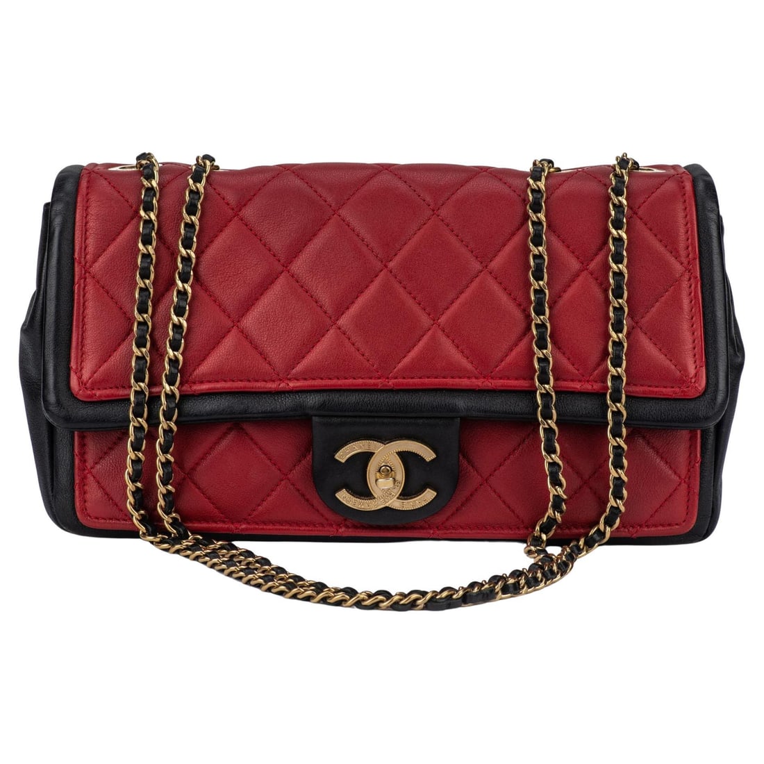 Chanel Graphic Flap Bag Red Black Leather 2014 Karl Lagerfeld: Chanel Graphic Flap Bag Red Black Leather 2014 Karl Lagerfeld This Chanel Graphic Single Flap Bag showcases a striking combination of red and black leather, making it a standout accessory. The bag fea