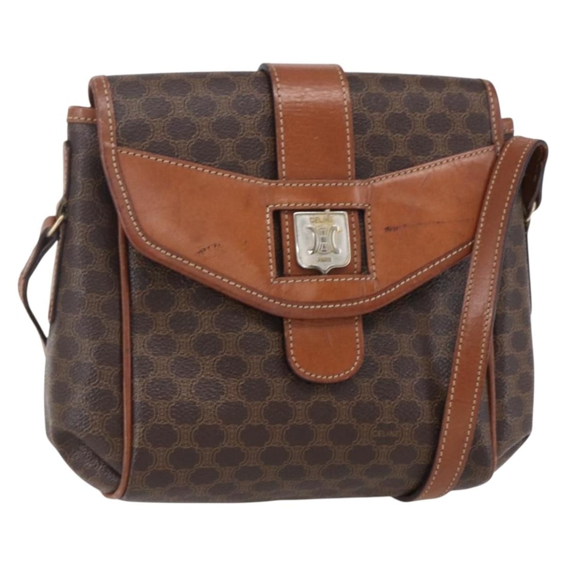 Celine Macadam Brown PVC Vintage Shoulder Bag 18cm x 18cm x 7cm: Celine Macadam Brown PVC Vintage Shoulder Bag 18cm x 18cm x 7cm This Celine Vintage Macadam Shoulder Bag features the classic C Macadam canvas in brown PVC. Designed for women, the bag has a compact s