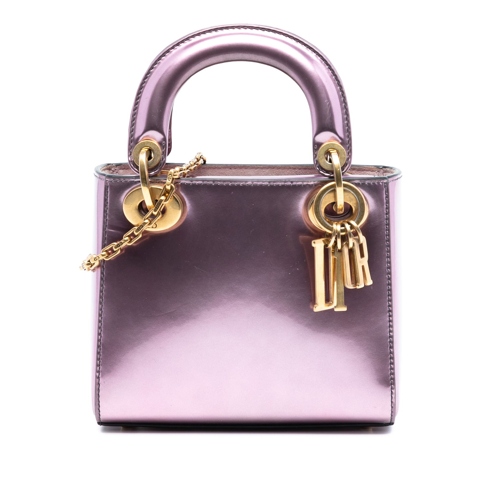 Dior Mini Lady Dior Pink Metallic Patent Leather Shoulder Bag: Dior Mini Lady Dior Pink Metallic Patent Leather Shoulder Bag This Mini Metallic Patent Lady Dior bag features a striking metallic leather exterior in pink, flat leather top handles, and a detachable