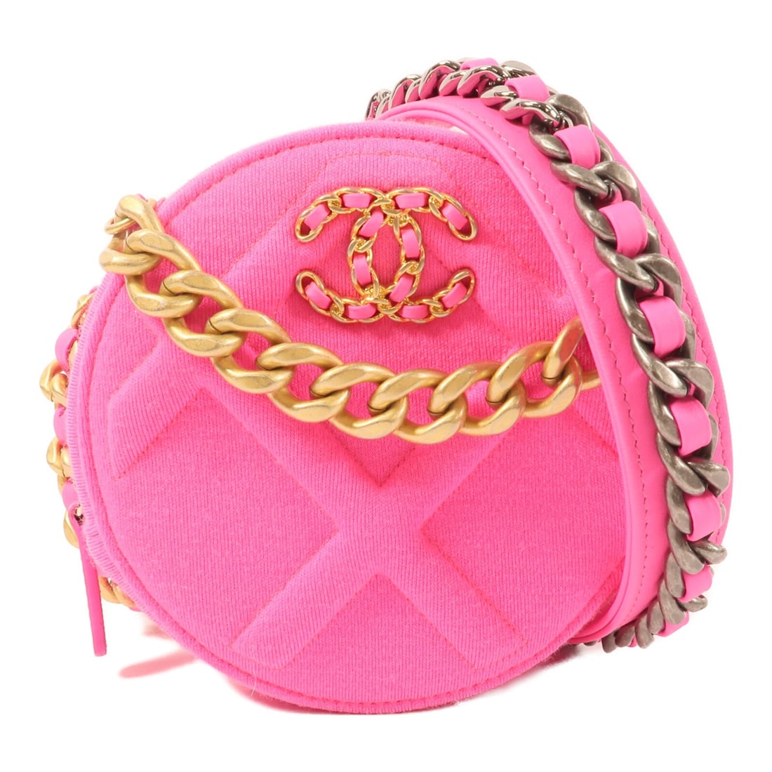 Pink Fabric CHANEL 19 Shoulder Bag with Gold Tone CC Chain: Pink Fabric CHANEL 19 Shoulder Bag with Gold Tone CC Chain This CHANEL 19 Chain Shoulder Bag features a pink fabric exterior and can be worn in two ways. The bag is crafted with a classic CC design an