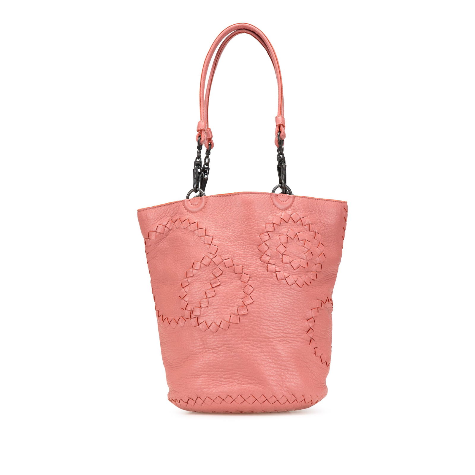 Bottega Veneta Pink Goatskin Small Cervo Bucket Bag: Bottega Veneta Pink Goatskin Small Cervo Bucket Bag Introducing the Bottega Veneta Small Intrecciato Trimmed Cervo Bucket Bag, a stylish accessory crafted from high-quality goatskin leather. This exqu