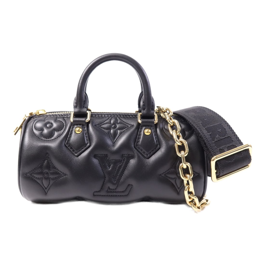 Black Bubblegram Papillon BB Shoulder Bag with Gold Hardware by Louis Vuitton: Black Bubblegram Papillon BB Shoulder Bag with Gold Hardware by Louis Vuitton This Louis Vuitton Papillon BB Bubblegram is a versatile 2-way shoulder bag crafted from black leather. Featuring gold-ton