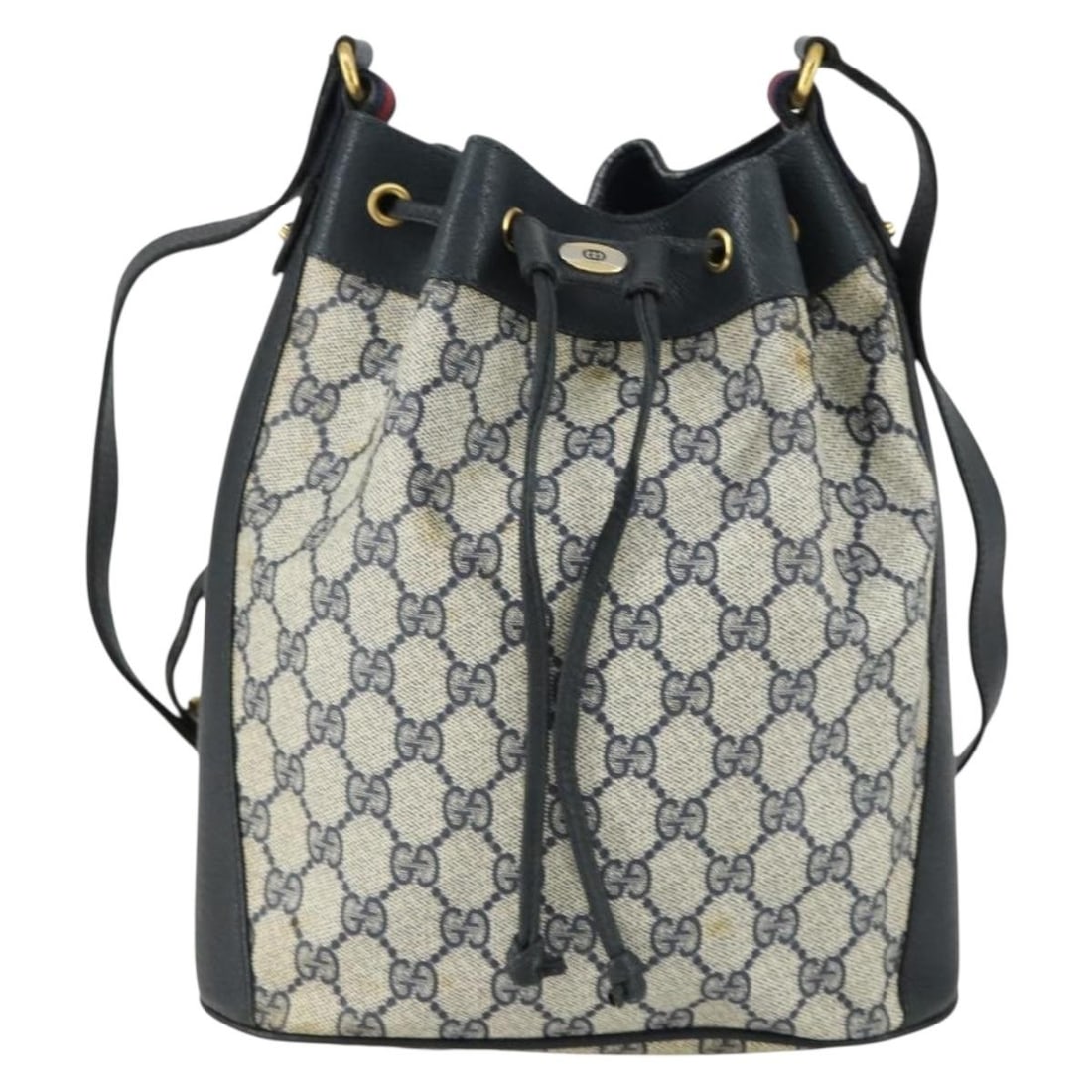 Navy GG Canvas Gucci Bucket Bag with Drawstring PVC Trim: Navy GG Canvas Gucci Bucket Bag with Drawstring PVC Trim This Gucci Drawstring Bucket Bag features the brand's signature GG canvas in navy with PVC material. Designed for women, it has a drawstring cl