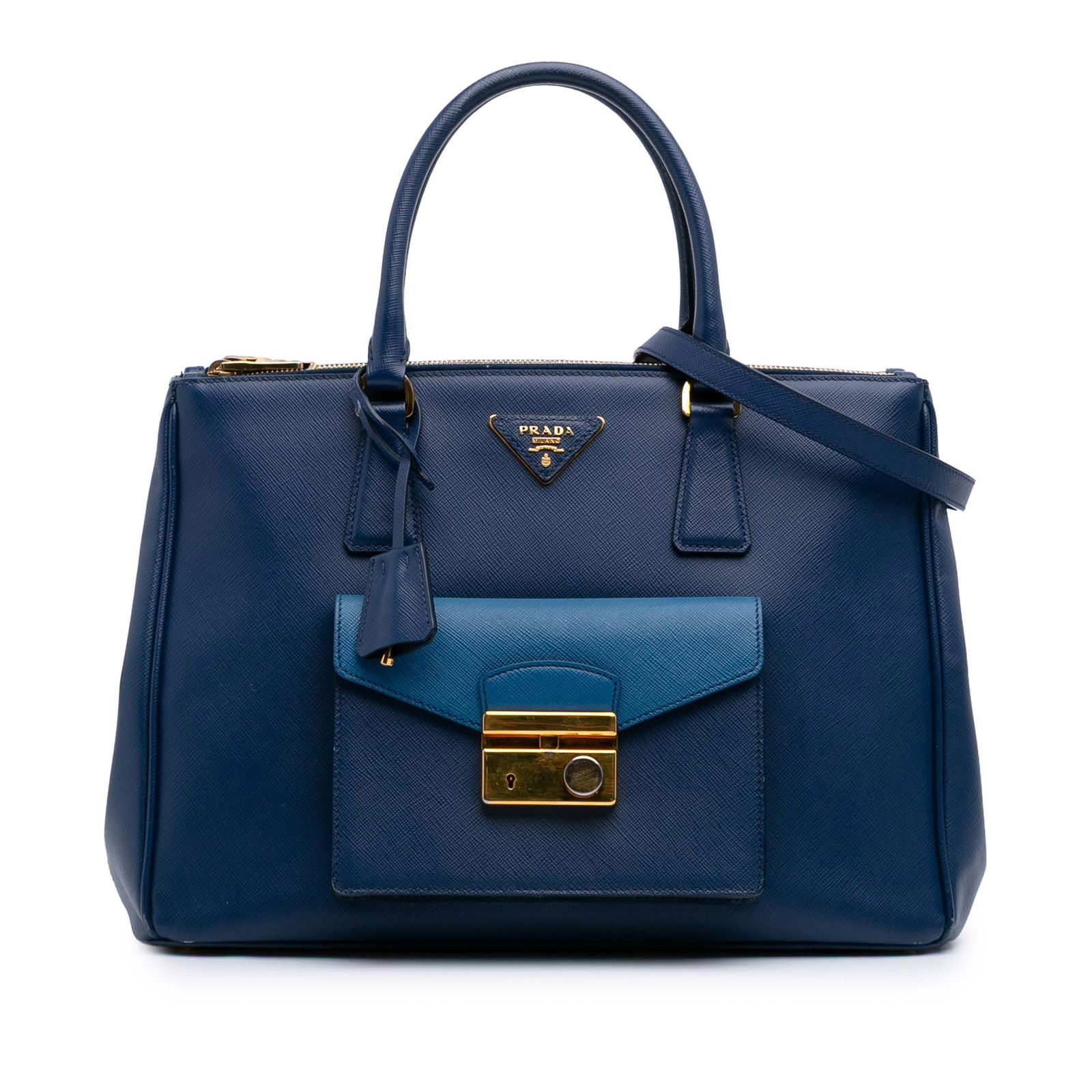 Prada Saffiano Lux Galleria Double Zip Satchel Blue Leather: Prada Saffiano Lux Galleria Double Zip Satchel Blue Leather The Prada Saffiano Lux Galleria Double Zip Front Pocket Satchel is a sophisticated accessory crafted from premium saffiano leather. It featu