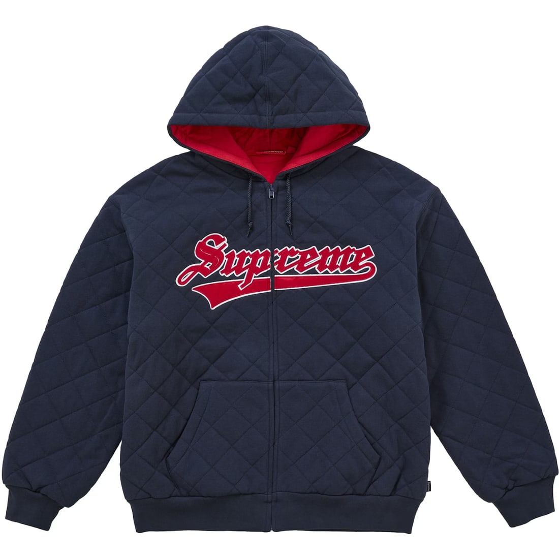 Navy Quilted Zip Hoodie by Supreme in Large Size: Navy Quilted Zip Hoodie by Supreme in Large Size This Supreme Quilted Navy Zip Up Hoodie features a quilted exterior for a textured appearance and lightweight warmth. It includes a soft inner lining f