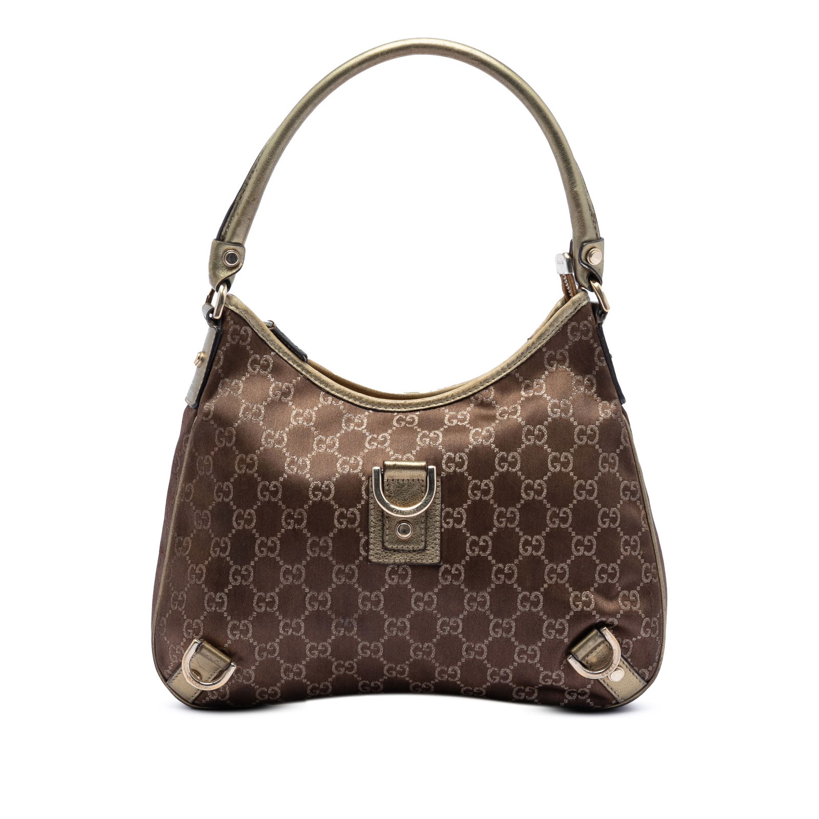 Gucci Abbey D Ring Brown Satin Canvas Shoulder Purse with Leather Accents: Gucci Abbey D Ring Brown Satin Canvas Shoulder Purse with Leather Accents This Gucci GG Satin Abbey D Ring Shoulder Bag features a brown canvas body with leather trim, a rolled leather strap, a top zi