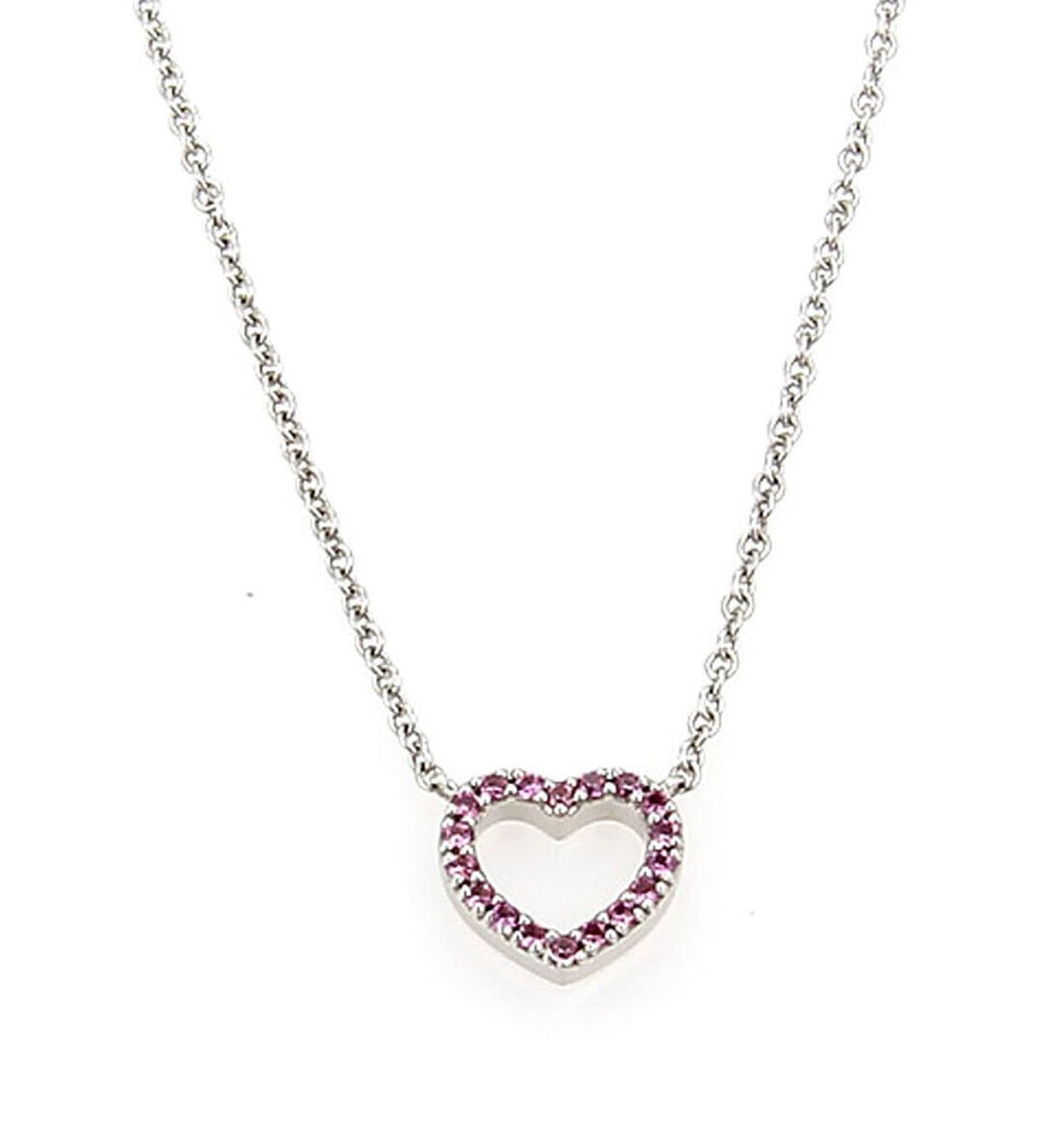 Mini Heart Pendant Necklace with Pink Sapphire in 18k White Gold by Tiffany & Co.: Mini Heart Pendant Necklace with Pink Sapphire in 18k White Gold by Tiffany & Co. This Tiffany & Co. Classic Mini Heart necklace features a finely crafted heart-shaped pendant set with a pink sapphire